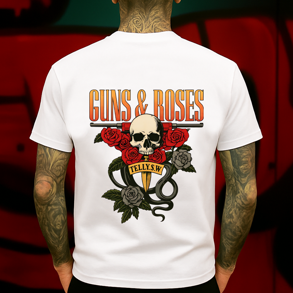 Guns & Roses Skull T-Shirt – Classic Rock-Inspired Tee with Roses, Skull & Knife Graphic, Perfect for Rock Fans and Vintage Style Lovers.