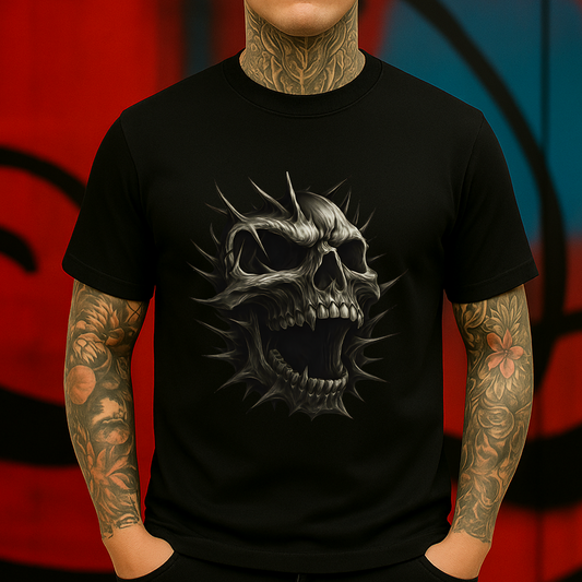 Spiked Screaming Skull T-Shirt – Dark Gothic Horror Graphic Tee, Aggressive Demonic Skull Art Shirt, Heavy Metal Punk Rock Style
