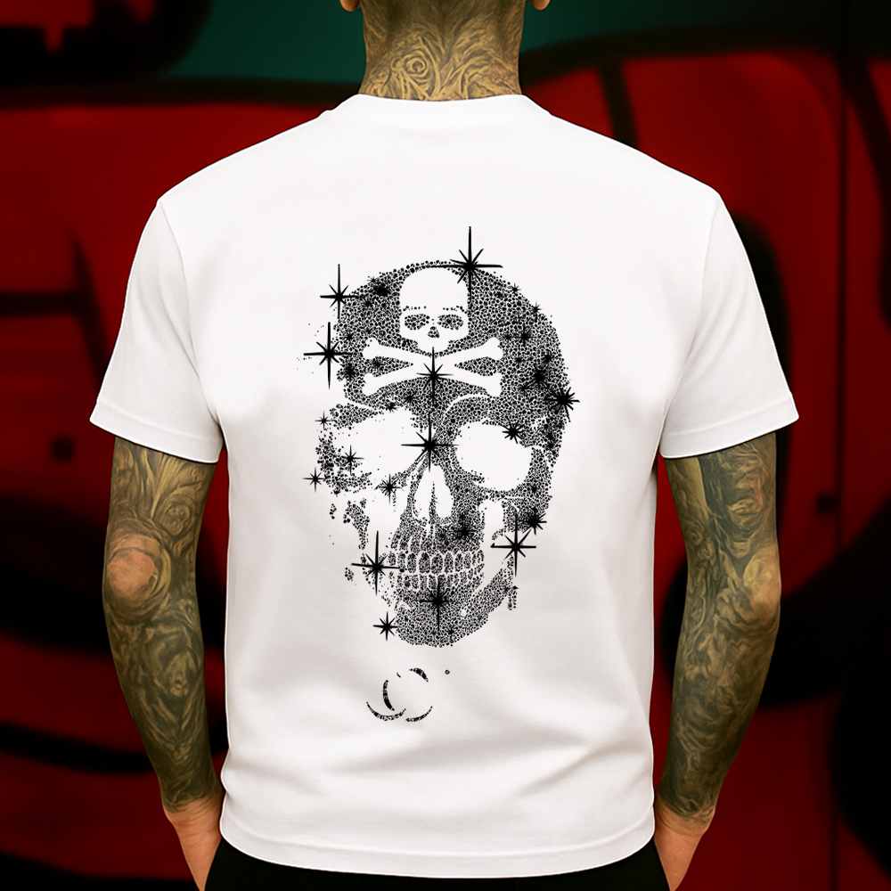 Sparkling Dotwork Skull T-Shirt – Minimalist Skull & Crossbones Design with Starburst Effects, Perfect for Streetwear & Edgy Style.