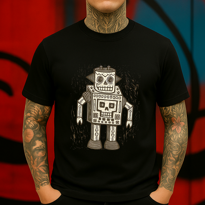 Retro Skull Robot T-Shirt – Vintage Sci-Fi Tee with Dark Cartoon Vibe