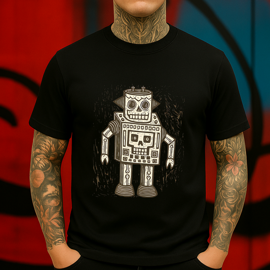 Retro Skull Robot T-Shirt – Vintage Sci-Fi Tee with Dark Cartoon Vibe