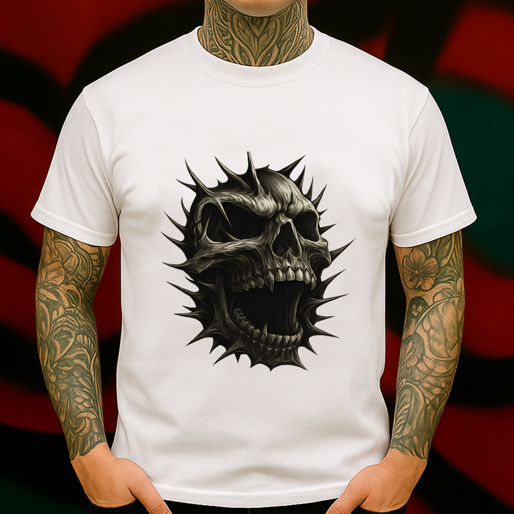 Spiked Screaming Skull T-Shirt – Dark Gothic Horror Graphic Tee, Aggressive Demonic Skull Art Shirt, Heavy Metal Punk Rock Style