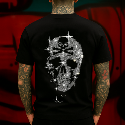 Sparkling Dotwork Skull T-Shirt – Minimalist Skull & Crossbones Design with Starburst Effects, Perfect for Streetwear & Edgy Style.