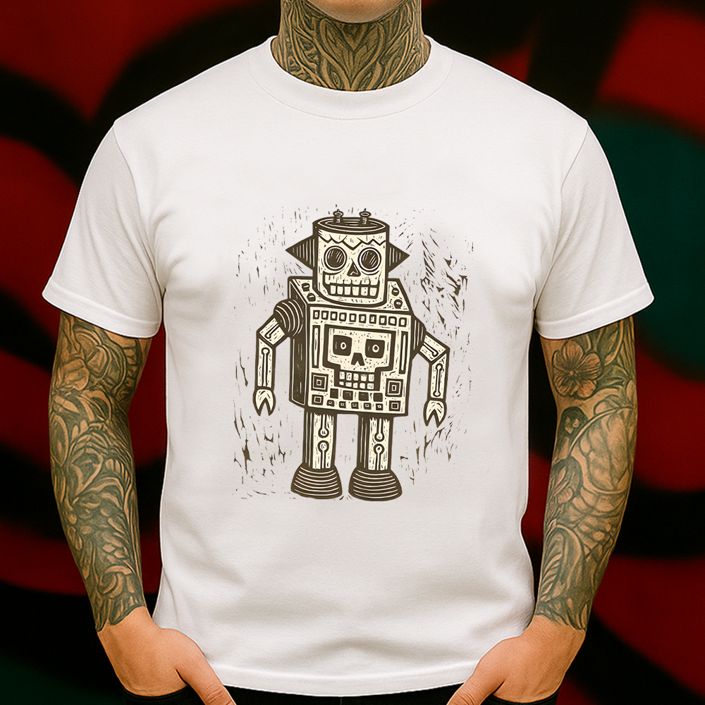 Retro Skull Robot T-Shirt – Vintage Sci-Fi Tee with Dark Cartoon Vibe