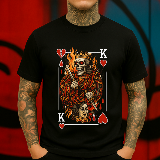 Skeleton King of Hearts T-Shirt – Gothic Playing Card Graphic Tee – Dark Fantasy Skull Shirt