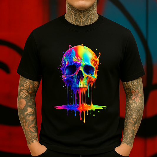Melting Rainbow Skull T-Shirt – Trippy Psychedelic Drip Art Graphic Tee, Vibrant Neon Skeleton Shirt, Festival Rave Aesthetic Top