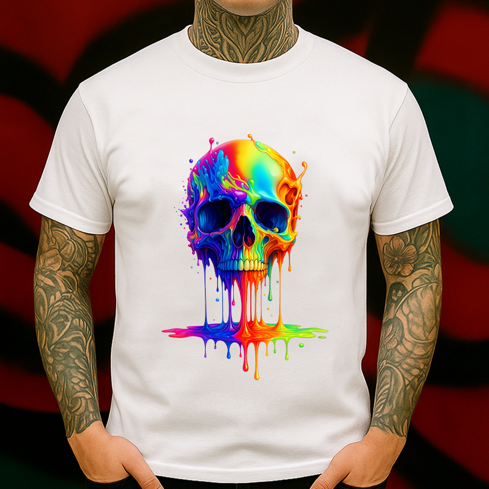 Melting Rainbow Skull T-Shirt – Trippy Psychedelic Drip Art Graphic Tee, Vibrant Neon Skeleton Shirt, Festival Rave Aesthetic Top