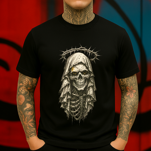 Skeleton Saint T-Shirt – Grim Reaper with Crown of Thorns – Gothic Religious Skull Graphic Tee