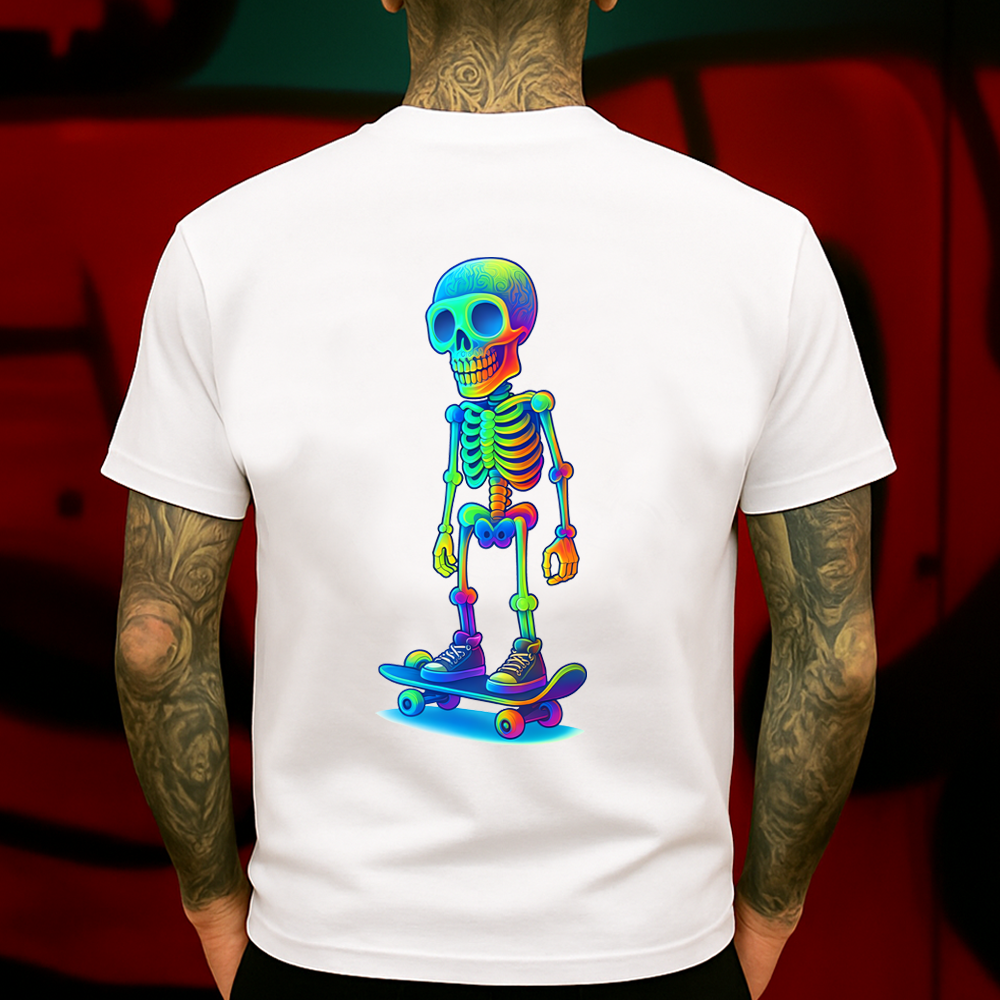 Psychedelic Skeleton Skateboard T-Shirt – Neon Rainbow Skater Skull Graphic Tee – Streetwear for Men & Women