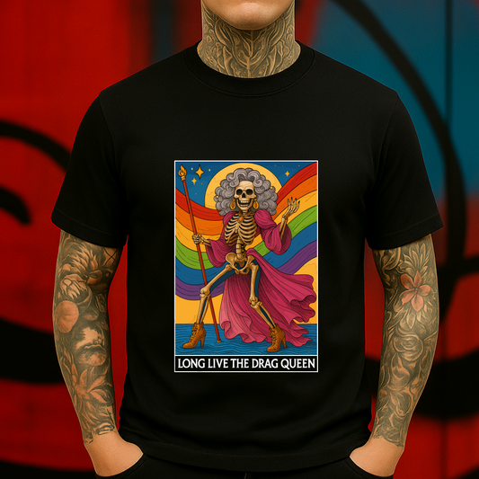 Long Live the Drag Queen T-Shirt – Rainbow Skeleton Drag Art Tee, LGBTQ+ Pride Gothic Graphic Shirt, Fierce Queer Festival Fashion