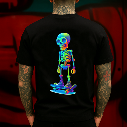 Psychedelic Skeleton Skateboard T-Shirt – Neon Rainbow Skater Skull Graphic Tee – Streetwear for Men & Women