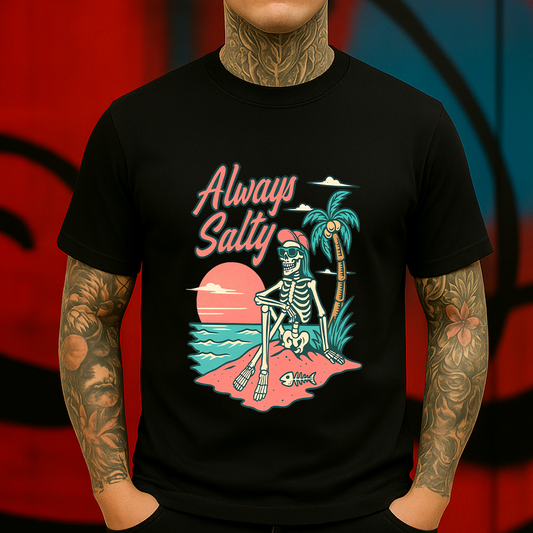 Always Salty Skeleton Beach T-Shirt – Retro Sunset Pastel Punk Summer Vibes Tee