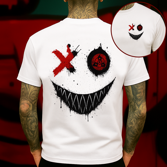 Evil Grin Anime T-Shirt, Sharingan Eye X Joker Smile Tee, Horror Ink Drip Graphic Shirt, Dark Aesthetic Streetwear for Men