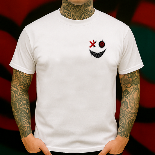 Evil Grin Anime T-Shirt, Sharingan Eye X Joker Smile Tee, Horror Ink Drip Graphic Shirt, Dark Aesthetic Streetwear for Men