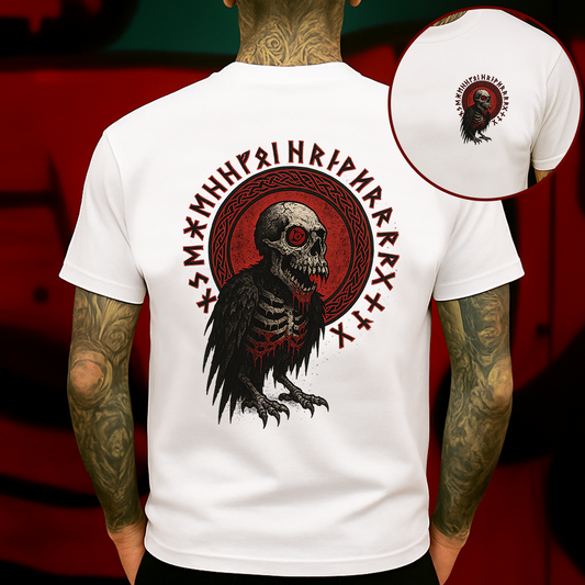Gothic Skull Raven T-Shirt, Viking Rune Crow Tee, Dark Horror Skeleton Shirt for Men, Punk Streetwear Graphic Tee