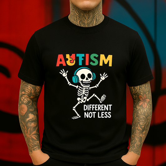 Autism Awareness Skeleton T-Shirt – Different Not Less Tee with Headphones, Neurodiversity Support Shirt, Unisex Funny Graphic Tee