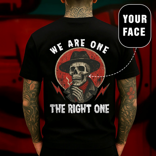 CUSTOM DESIGN ''We Are One The Right One T-Shirt Western Gothic Skull Cowboy Graphic for Bold Streetwear Fans''